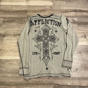 Affliction Long Sleeve Cross Graphic Tee reversible